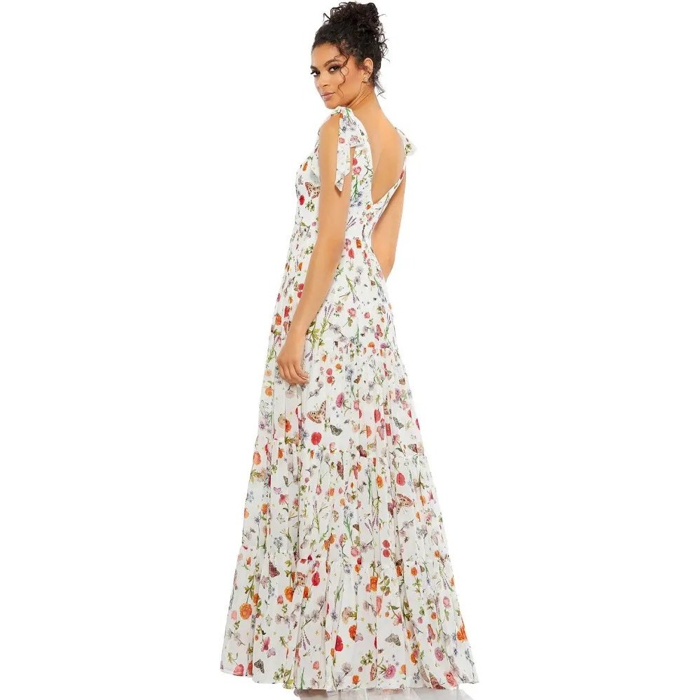 Mac Duggal Floral Butterfly Print Tiered Maxi Dress White V-Neck Tie Shoulder 4 - Picture 3 of 16